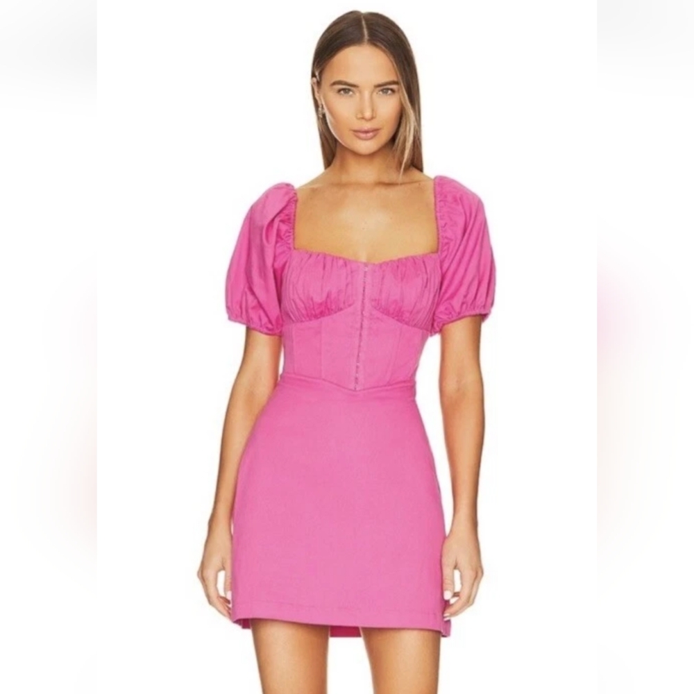 ASTR Kelilah Puff Sleeve Bustier Mini Dress Hot Pink Corset Wedding Womens LARGE